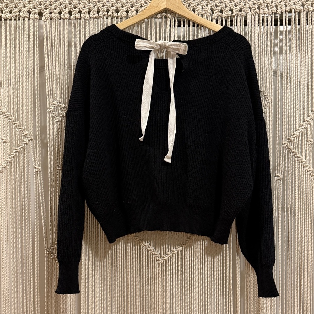 Zara Black Crew Neck Women's Sweater with Tie Back Collar - Picture 3 of 8